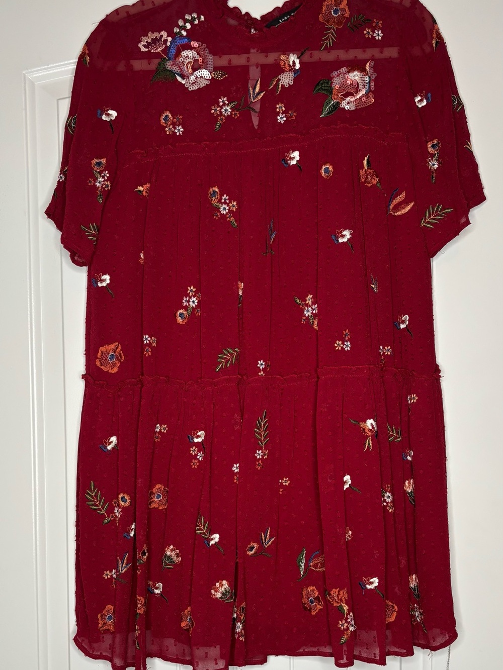 Zara Red Burgundy Floral Tiered Short-Sleeve Mini Dress